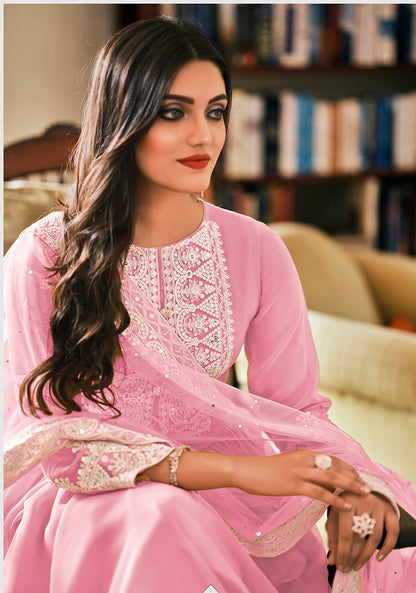 Women's Light Pink Color Georgette Embroidered Party Salwar Suit