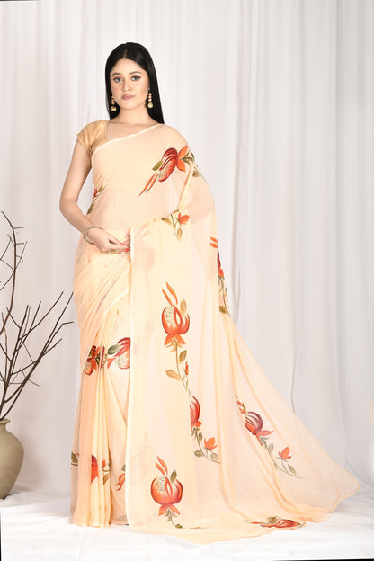 Women's Hand Painted Peach Saree With All-Over Vegetable Dyes With Blouse