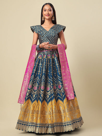 Women's Teal-Blue Jacquard Work Trendy Lehenga Choli