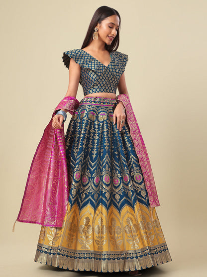 Women's Teal-Blue Jacquard Work Trendy Lehenga Choli