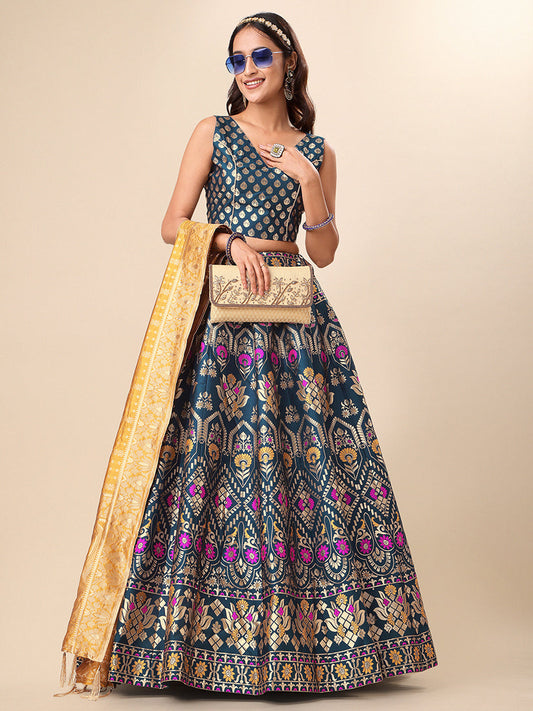 Women's Teal-Blue Jacquard Work Trendy Lehenga Choli