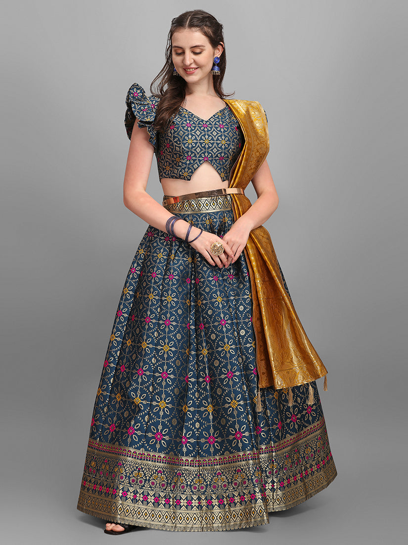 Women's Teal Blue Jacquard Work Trendy Lehenga Choli