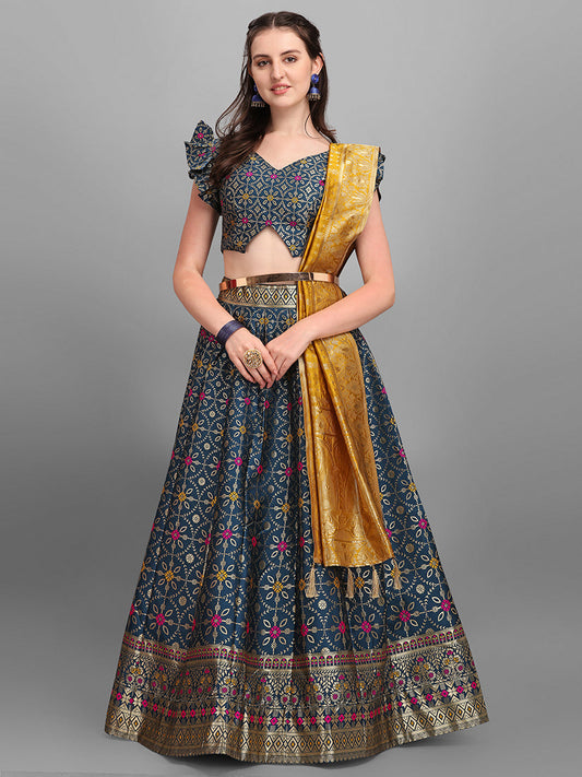 Women's Teal Blue Jacquard Work Trendy Lehenga Choli