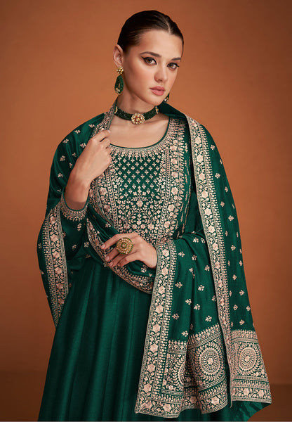 Women's Dark Green Color Pure Silk Embroidered Stitched Anarkali Suit