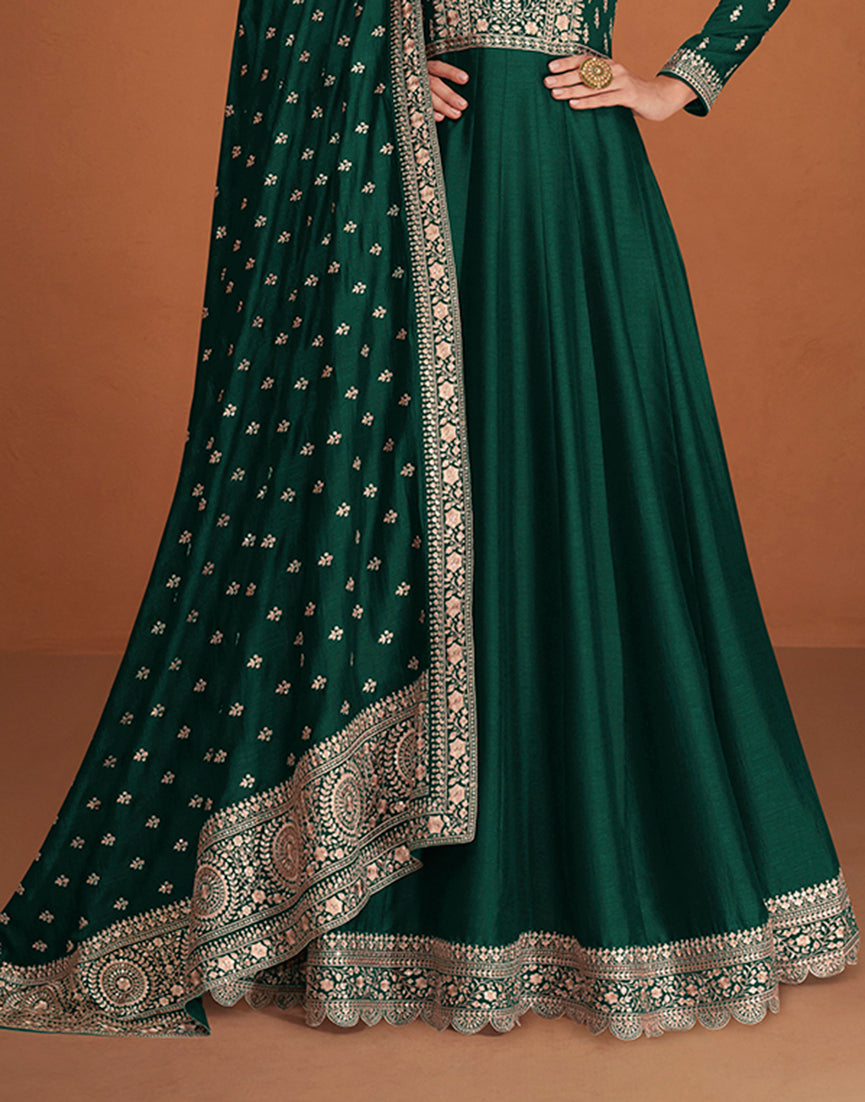 Women's Dark Green Color Pure Silk Embroidered Stitched Anarkali Suit