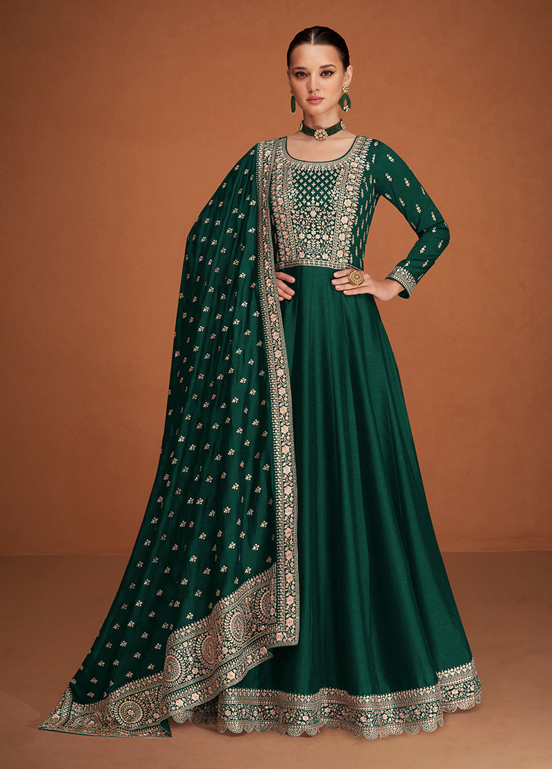 Women's Dark Green Color Pure Silk Embroidered Stitched Anarkali Suit