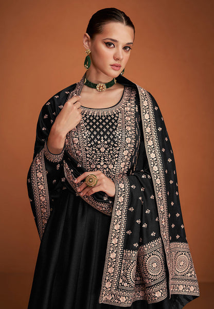 Women's Black Color Pure Silk Embroidered Stitched Anarkali Suit