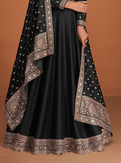 Women's Black Color Pure Silk Embroidered Stitched Anarkali Suit