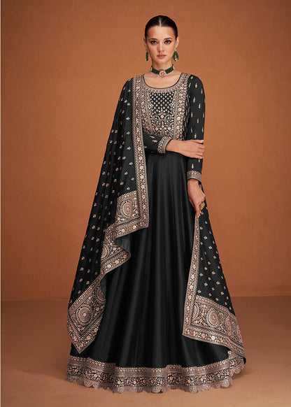 Women's Black Color Pure Silk Embroidered Stitched Anarkali Suit