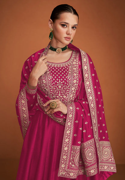 Women's Magenta Color Pure Silk Embroidered Stitched Anarkali Suit