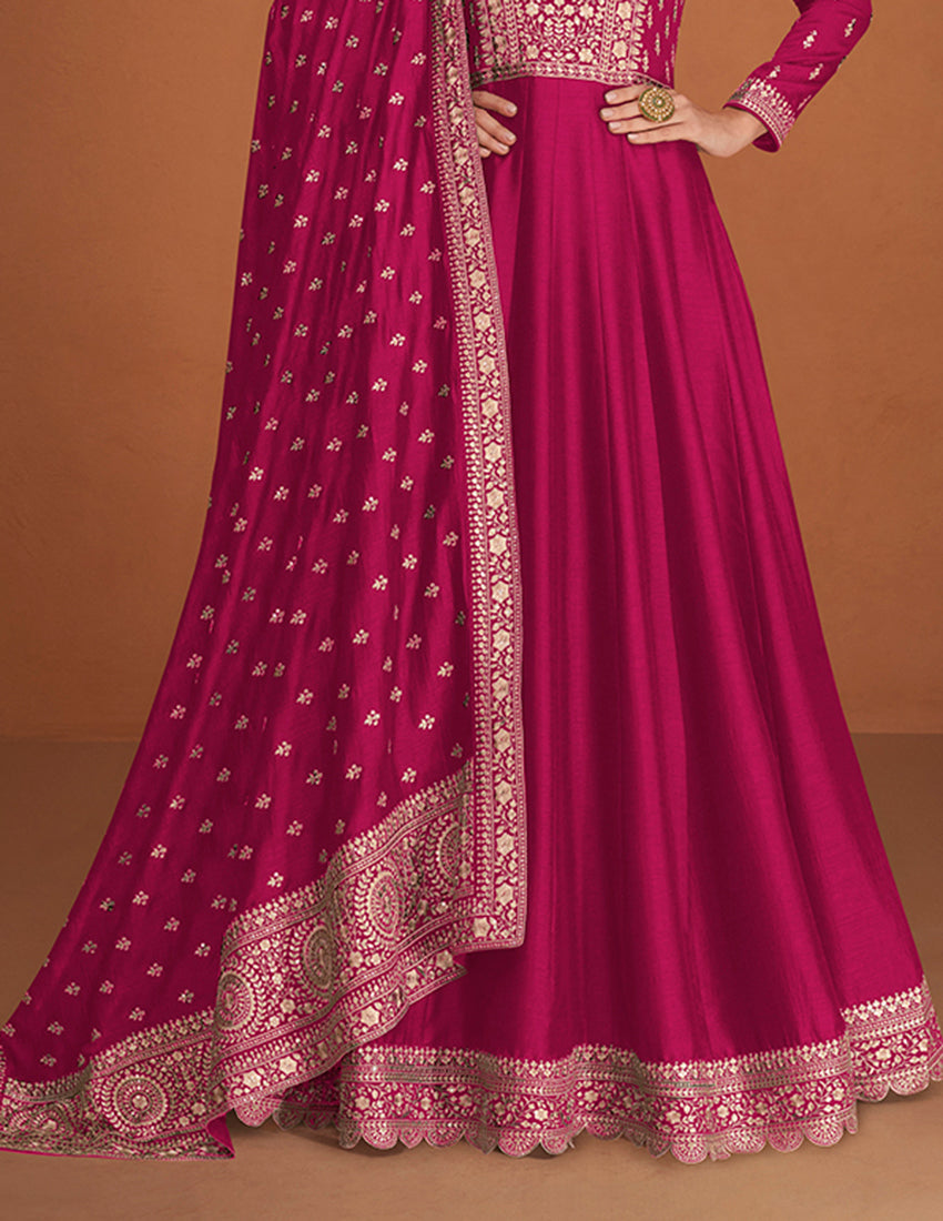 Women's Magenta Color Pure Silk Embroidered Stitched Anarkali Suit