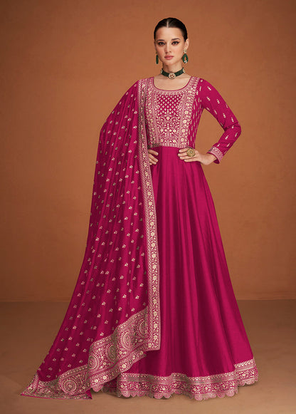 Women's Magenta Color Pure Silk Embroidered Stitched Anarkali Suit