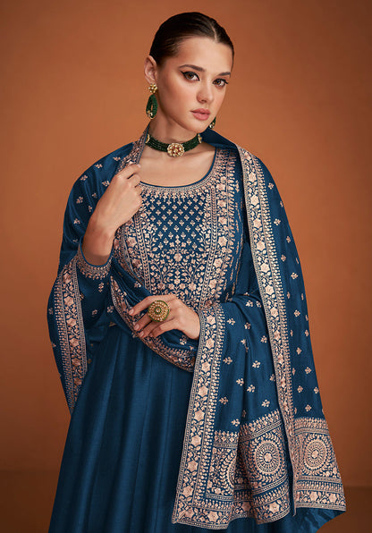 Women's Dark Blue Color Pure Silk Embroidered Stitched Anarkali Suit