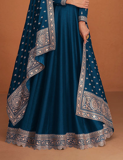 Women's Dark Blue Color Pure Silk Embroidered Stitched Anarkali Suit