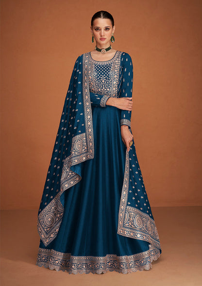 Women's Dark Blue Color Pure Silk Embroidered Stitched Anarkali Suit