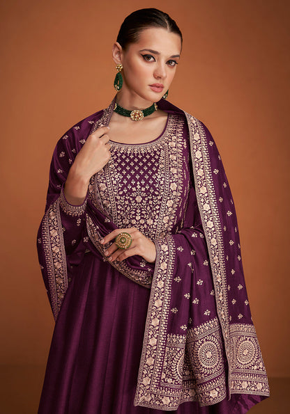 Women's Dark Wine Color Pure Silk Embroidered Stitched Anarkali Suit