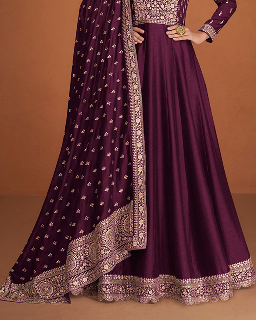 Women's Dark Wine Color Pure Silk Embroidered Stitched Anarkali Suit