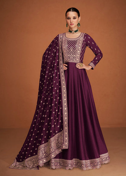 Women's Dark Wine Color Pure Silk Embroidered Stitched Anarkali Suit