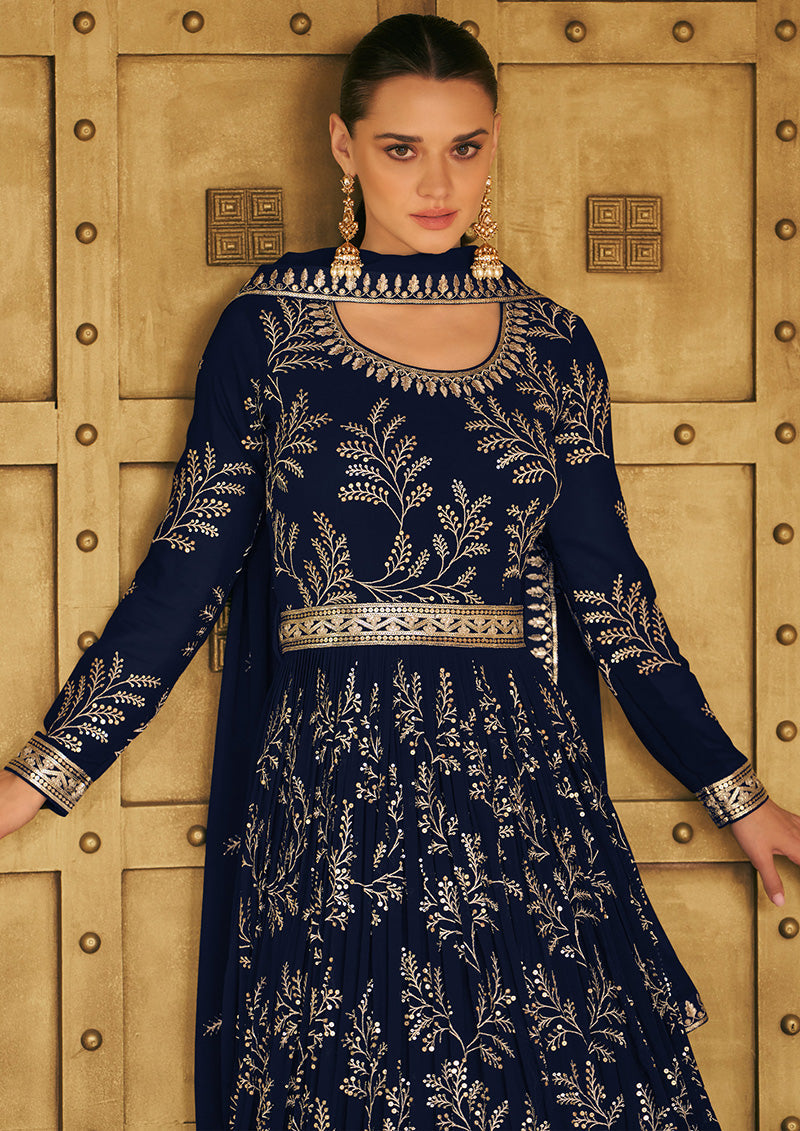 Women's Dark Navy Blue Color Georgette Embroidered Stitched Partywear Suit