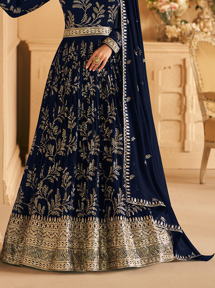 Women's Dark Navy Blue Color Georgette Embroidered Stitched Partywear Suit