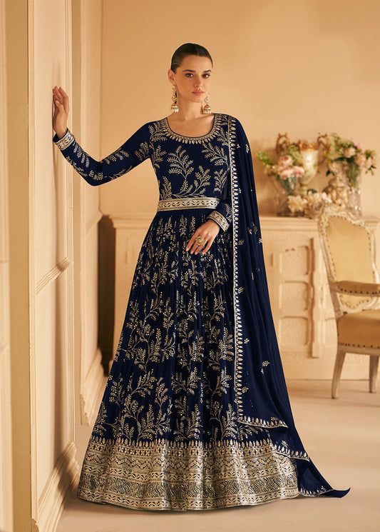 Women's Dark Navy Blue Color Georgette Embroidered Stitched Partywear Suit