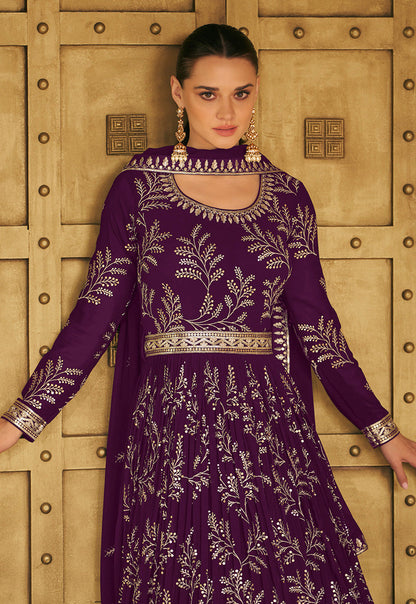 Women's Dark Purple Color Georgette Embroidered Stitched Partywear Suit