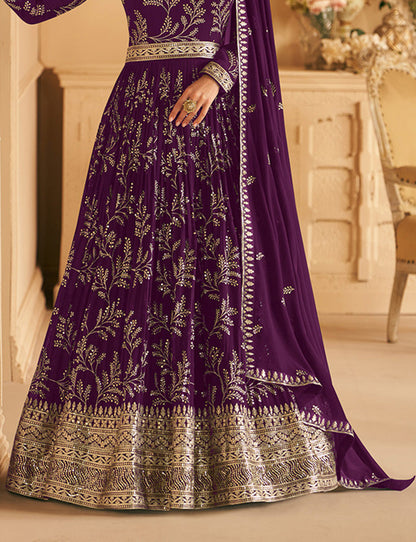 Women's Dark Purple Color Georgette Embroidered Stitched Partywear Suit