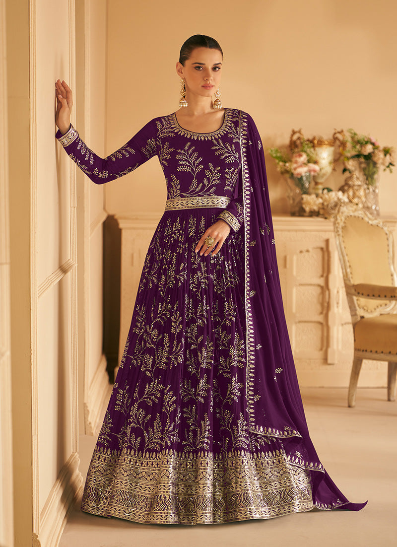 Women's Dark Purple Color Georgette Embroidered Stitched Partywear Suit