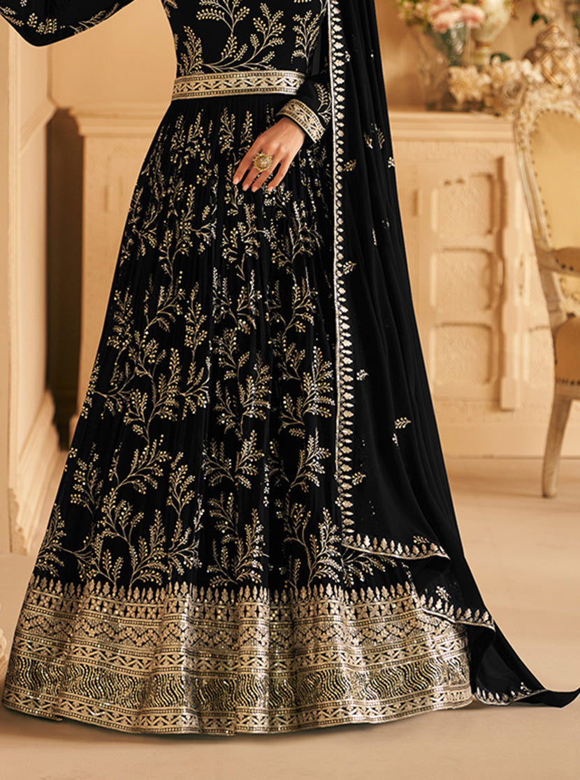 Women's Black Color Georgette Embroidered Stitched Partywear Suit