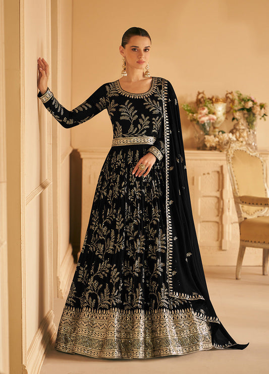 Women's Black Color Georgette Embroidered Stitched Partywear Suit