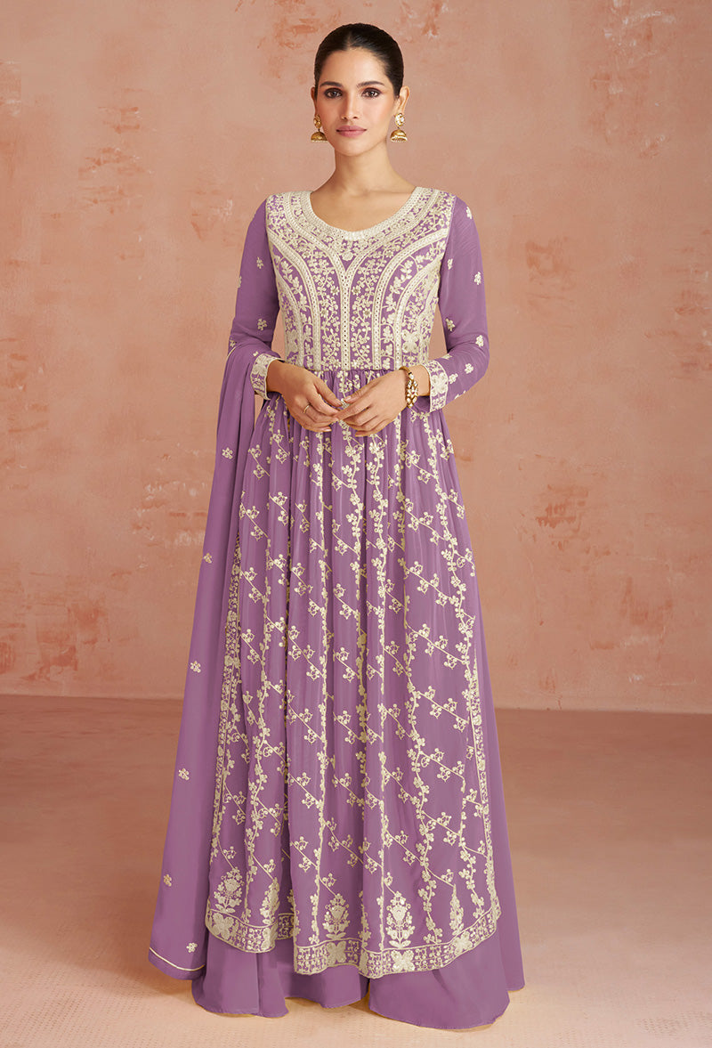 Women's Lavender Color Faux Georgette Embroidered Semi Stitched Palazzo Suit