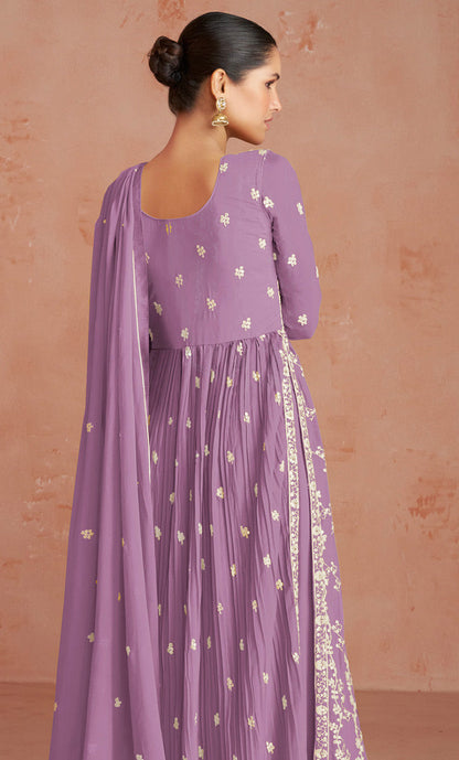 Women's Lavender Color Faux Georgette Embroidered Semi Stitched Palazzo Suit