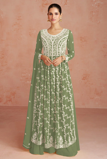 Women's Olive Color Faux Georgette Embroidered Semi Stitched Palazzo Suit