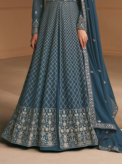 Women's Teal Blue Faux Georgette Semi Stitched Embroidered Anarkali Suit