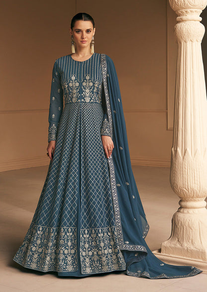 Women's Teal Blue Faux Georgette Semi Stitched Embroidered Anarkali Suit