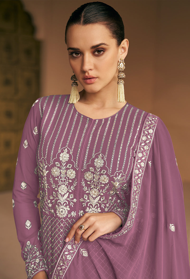 Women's Mauve Faux Georgette Semi Stitched Embroidered Anarkali Suit