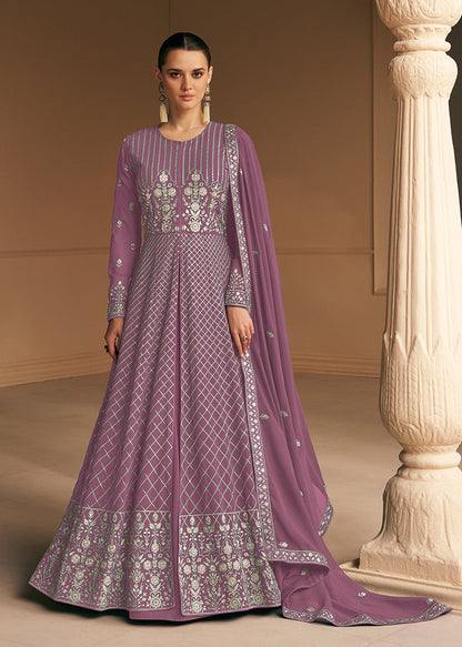 Women's Mauve Faux Georgette Semi Stitched Embroidered Anarkali Suit