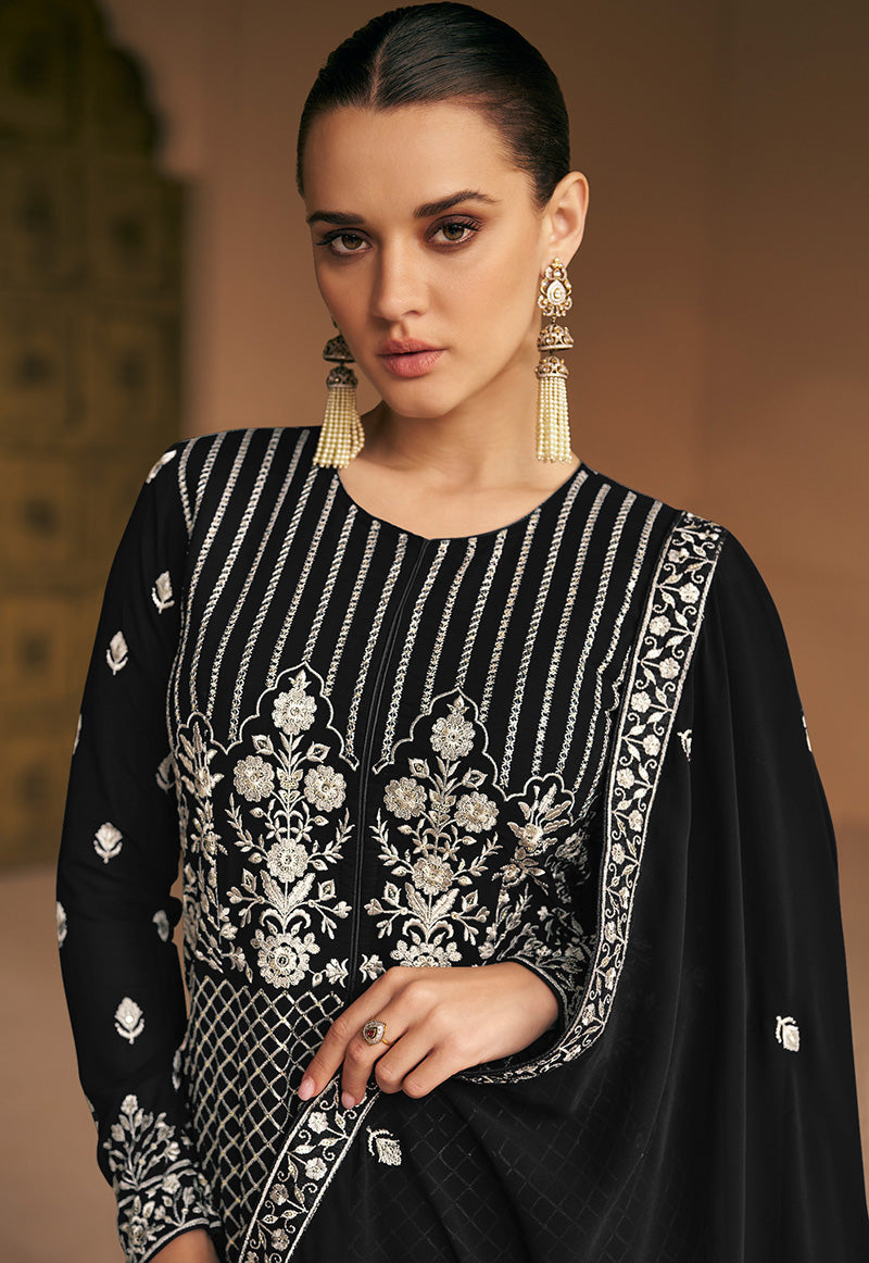 Women's Black Faux Georgette Semi Stitched Embroidered Anarkali Suit