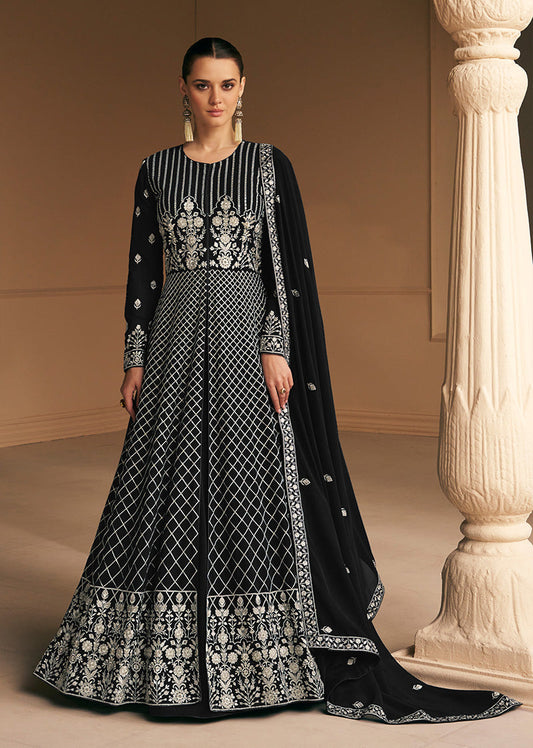 Women's Black Faux Georgette Semi Stitched Embroidered Anarkali Suit