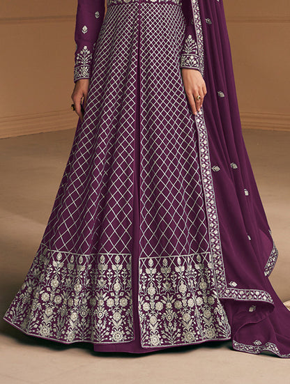 Women's Dark Purple Faux Georgette Semi Stitched Embroidered Anarkali Suit