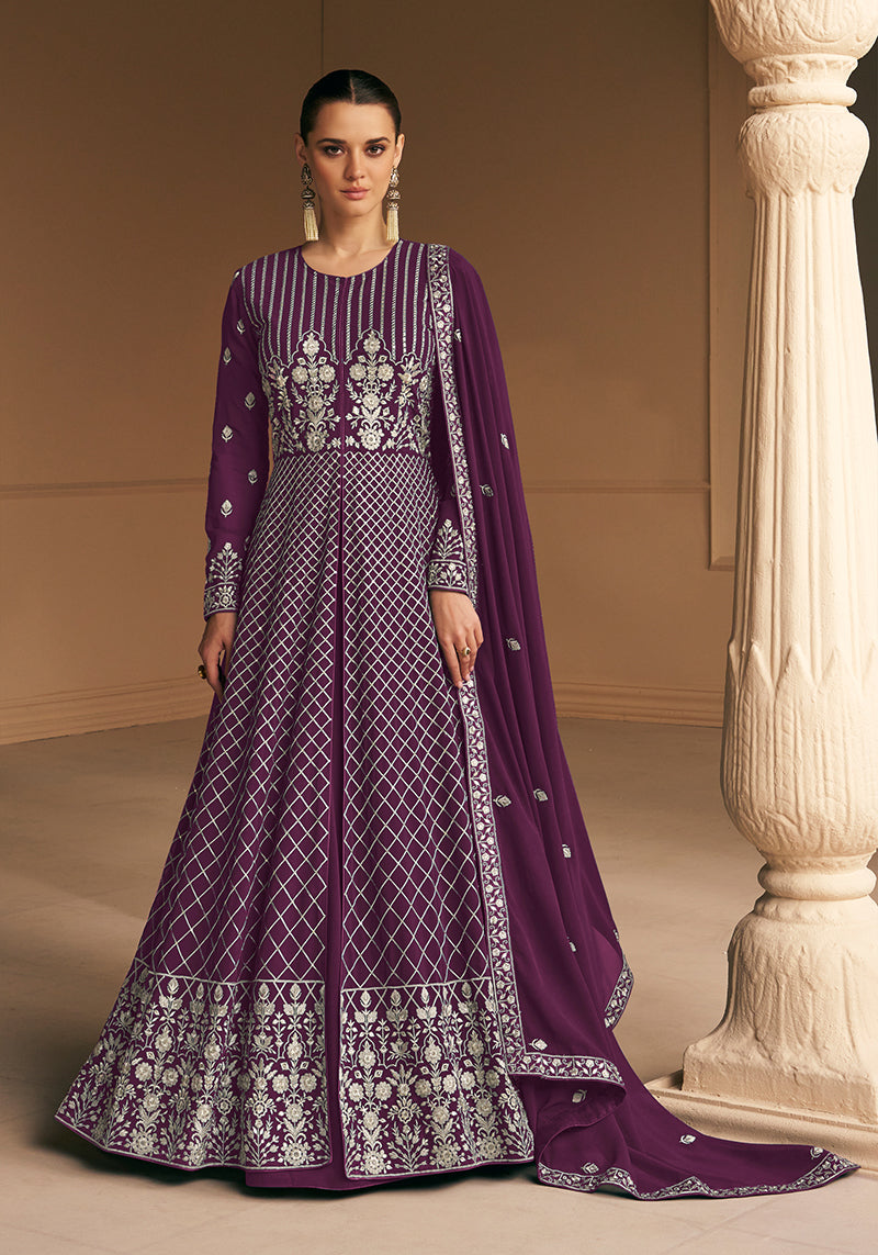 Women's Dark Purple Faux Georgette Semi Stitched Embroidered Anarkali Suit