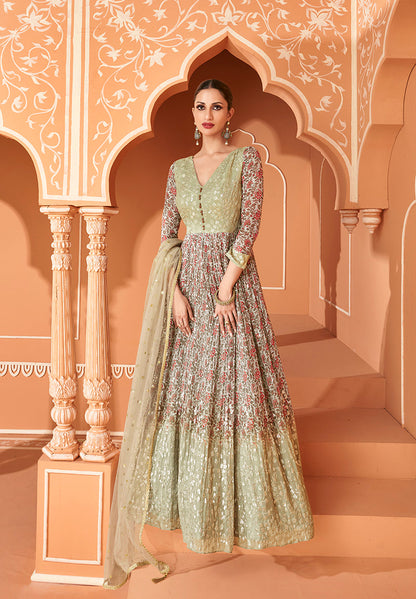 Women's Light Olive Color Printed Georgette Designer Partywear Suit