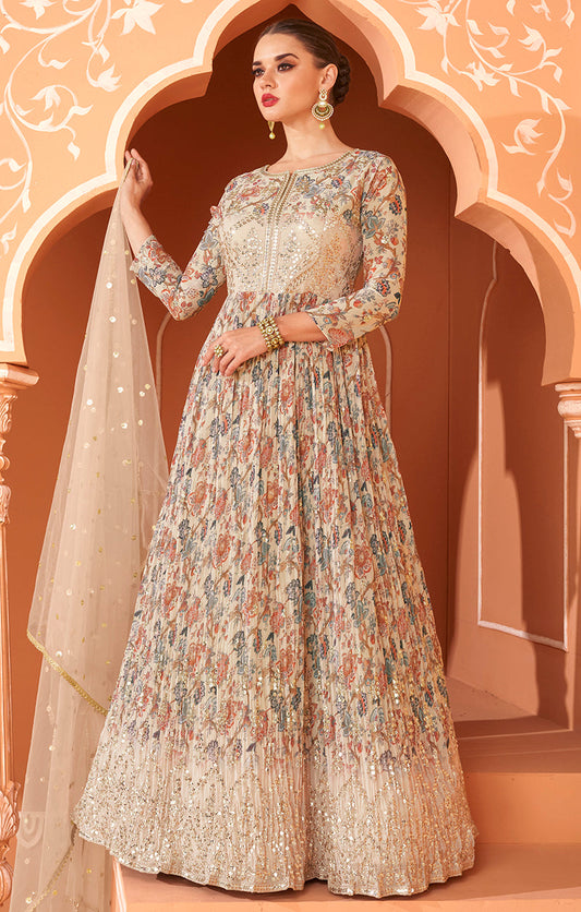 Women's Beige Color Printed Georgette Designer Partywear Suit