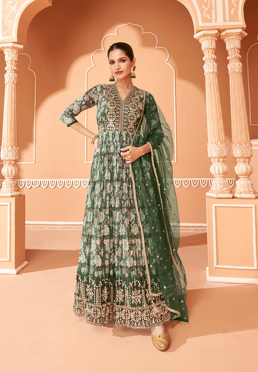 Women's Dark Green Color Printed Georgette Designer Partywear Suit