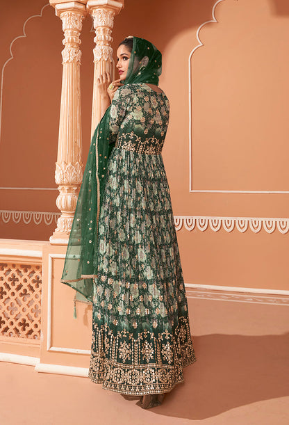 Women's Dark Green Color Printed Georgette Designer Partywear Suit