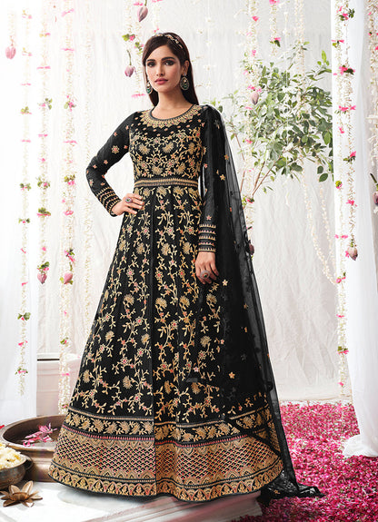 Women's Black Soft Net Semi Stitched Embroidered Wedding Dress