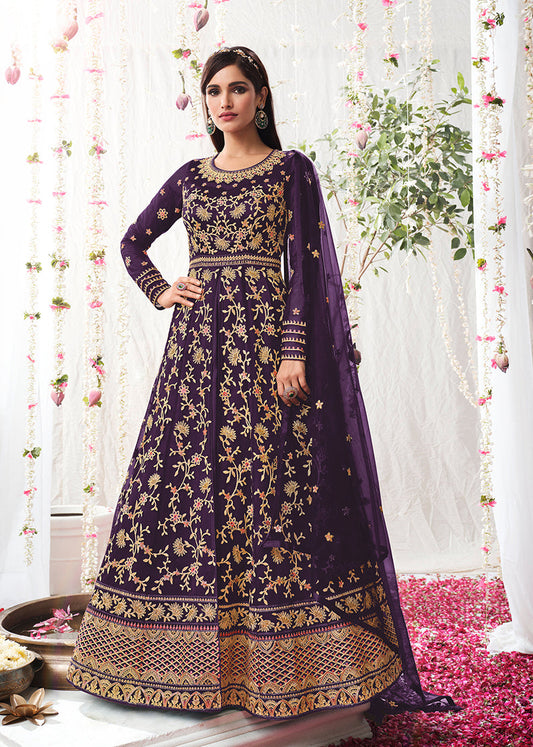 Women's Dark Violet Soft Net Semi Stitched Embroidered Wedding Dress