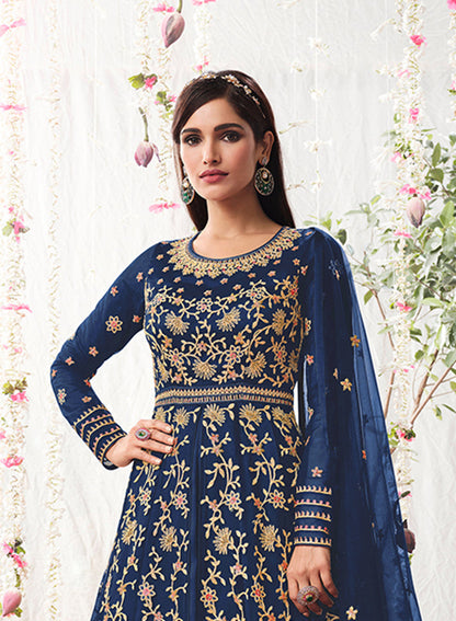 Women's Navy Blue Soft Net Semi Stitched Embroidered Wedding Dress