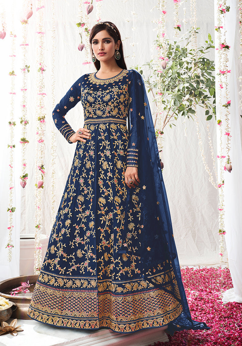 Women's Navy Blue Soft Net Semi Stitched Embroidered Wedding Dress