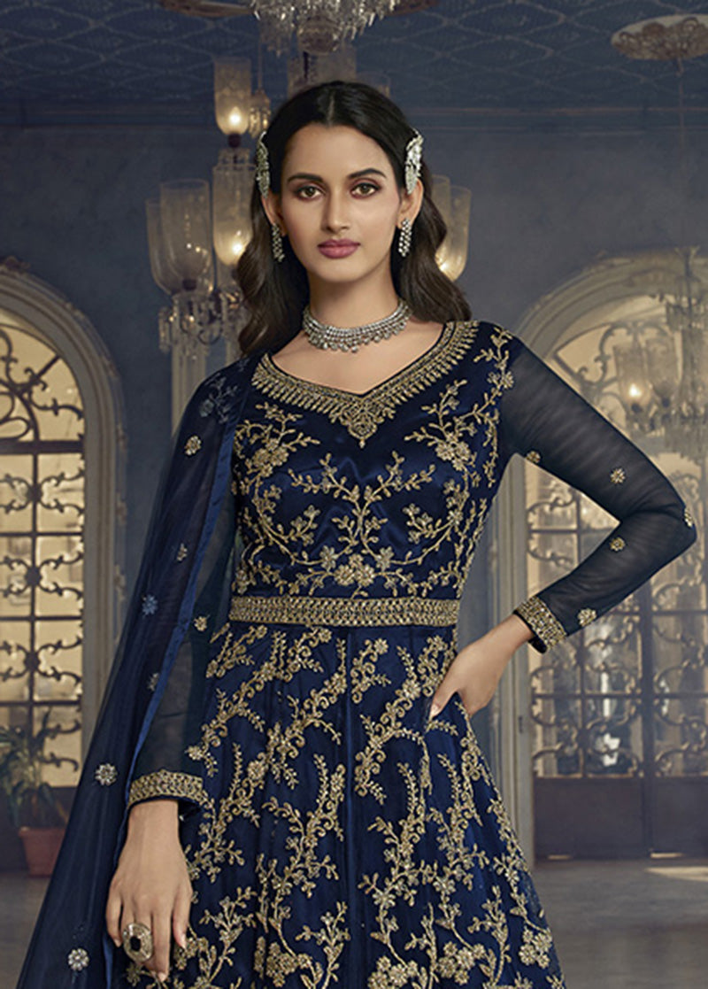 Women's Navy Blue Soft Net Semi Stitched Embroidered Designer Suit